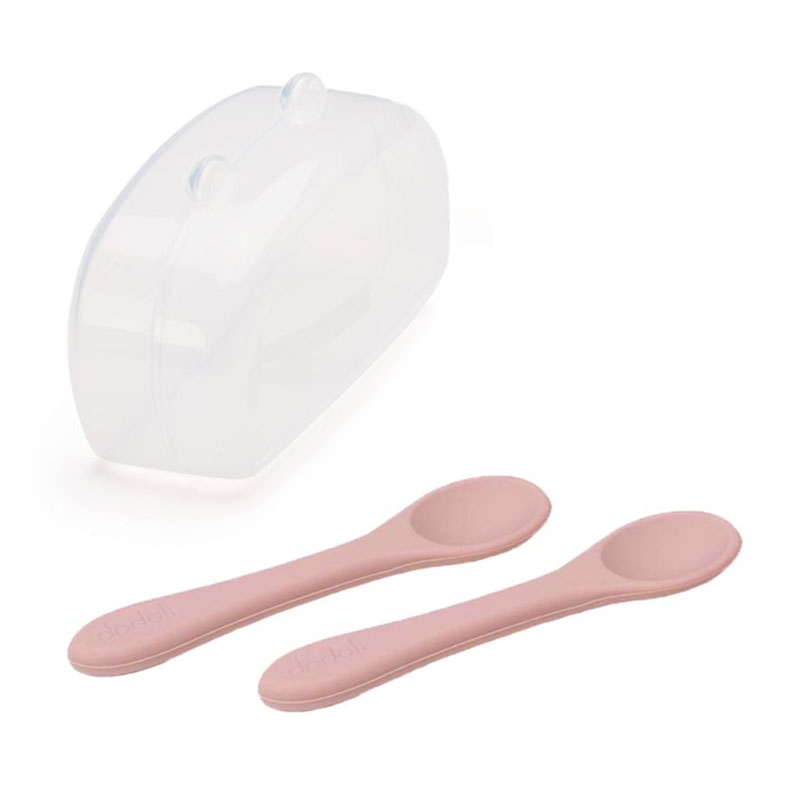 Prémium szilikon baba evőeszköz, 2 db-os kanál készlet, BPA mentes, 6+ hónap, 14 cm – Pasztell Rózsaszín Dodoli